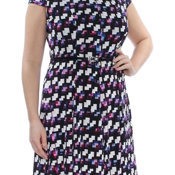 JESSICA Howard Midi Black Belted Geometric-Print A-Line Dress Size 10P - Picture 7 of 11